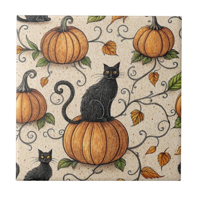Schwarze Katzen und Kürbis Halloween-Muster Fliese (Vorderseite)