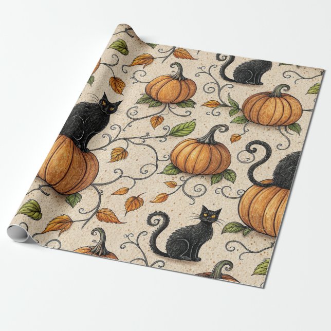 Schwarze Katzen und Kürbis Halloween-Muster Geschenkpapier (Ungerollt)