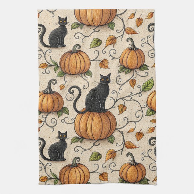 Schwarze Katzen und Kürbis Halloween-Muster Geschirrtuch (Vertikal)