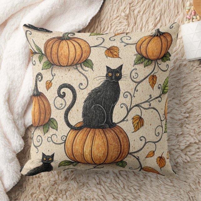 Schwarze Katzen und Kürbis Halloween-Muster Kissen (Decke)