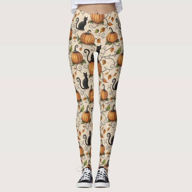 Schwarze Katzen und Kürbis Halloween-Muster Leggings (Vorderseite)