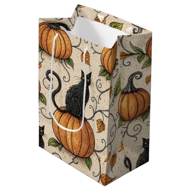 Schwarze Katzen und Kürbis Halloween-Muster Mittlere Geschenktüte (Vorderseite Schrägansicht)