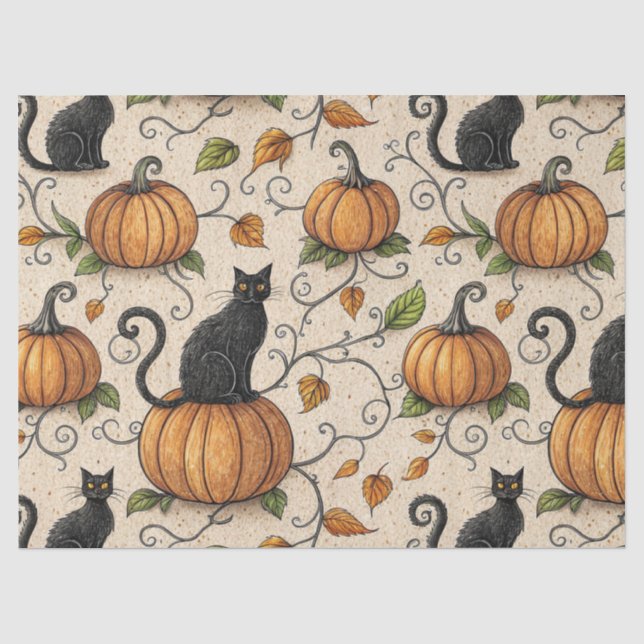 Schwarze Katzen und Kürbis Halloween-Muster Seidenpapier (Vorderseite)