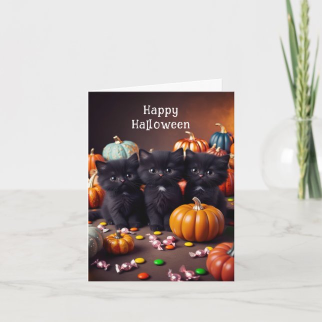 Schwarze Katzen und Kürbis Halloween Night Szene Karte (Vorderseite)