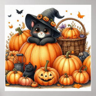 Schwarze Katzen und Kürbis Halloween Poster