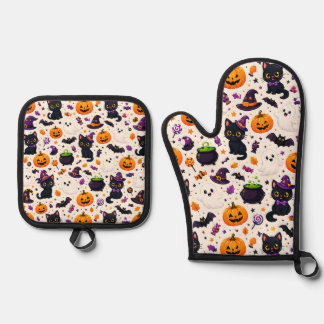 Schwarze Katzen und Kürbisse Halloween-Muster Verw Ofenhandschuh & Topflappen-Set