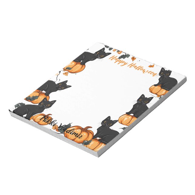 Schwarze Katzen und Pumpkin Happy Halloween Notizblock (Rotiert)