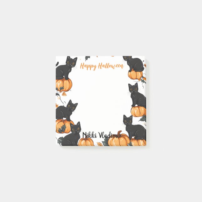 Schwarze Katzen und Pumpkin Happy Halloween Post-it Klebezettel (Vorderseite)