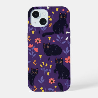 Schwarze Katzen und Wildblumen-Muster iPhone 15 Hülle