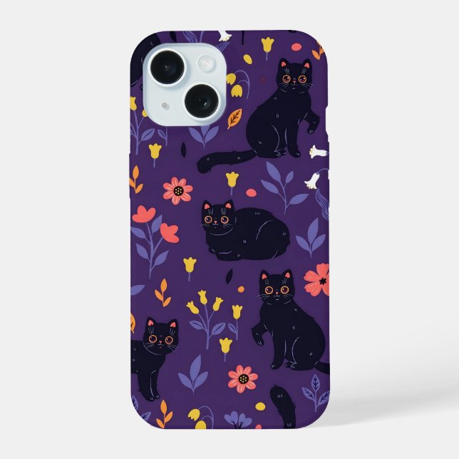 Schwarze Katzen und Wildblumen-Muster iPhone 15 Hülle (Rückseite)