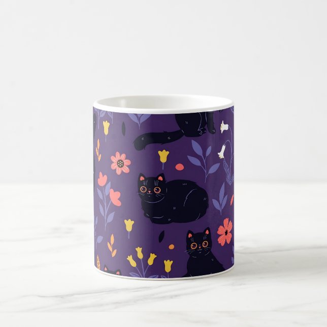 Schwarze Katzen und Wildblumen-Muster Kaffeetasse (Mittel)