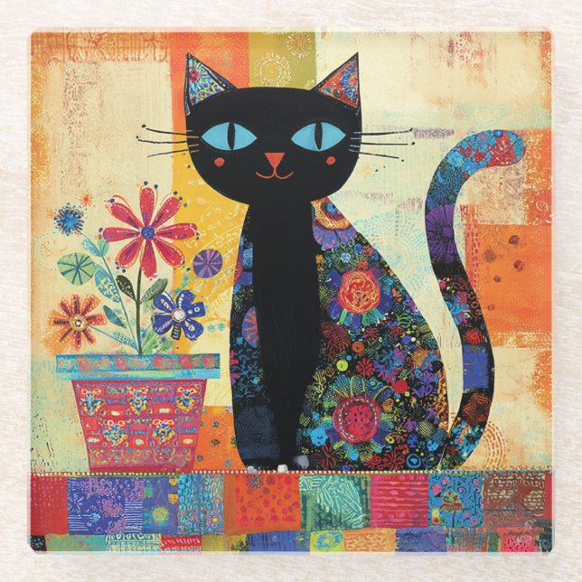 Schwarze Katzen-Volks kunst Glasuntersetzer (Vorderseite)