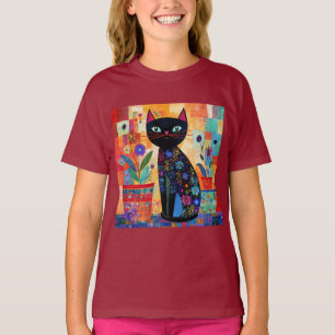 Schwarze Katzen-Volks kunst T-Shirt