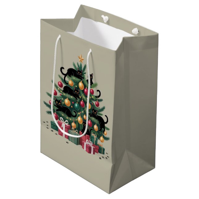 Schwarze Katzen Weihnachtsbaum Katze Lover Xmas Li Mittlere Geschenktüte (Vorderseite Schrägansicht)
