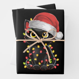 Schwarze Katzen-Weihnachtsbaumlichter Lustiger San Geschenkpapier Set
