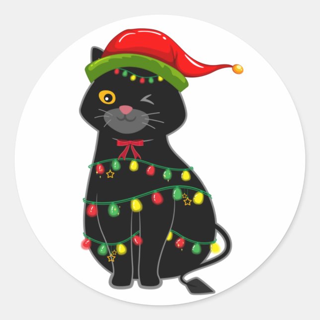 Schwarze Katzen Weihnachtsbeleuchtung Runder Aufkleber (Vorderseite)