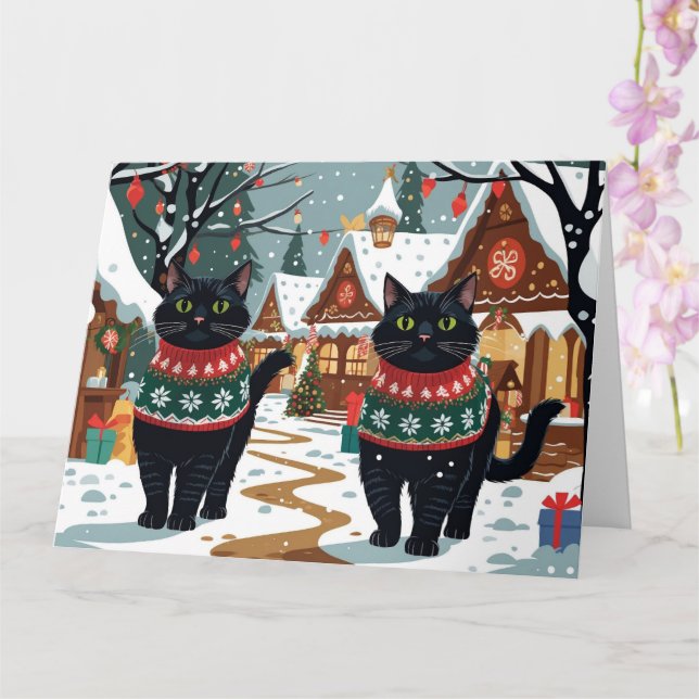 Schwarze Katzen Weihnachtsschneeurlaub Karte (Orchidee)