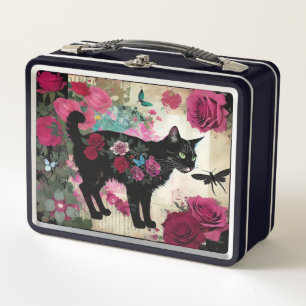 Schwarze Katzenblume mit Rose und Libellen Metall Brotdose