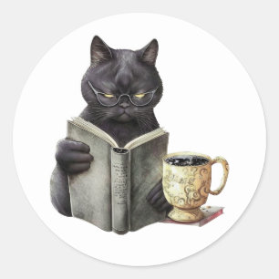 Schwarze Katzenbuchliebhaberin Bücherwurm Kaffee L Runder Aufkleber