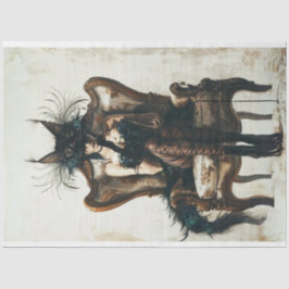 Schwarze Katzenfrau in Schwarz und Pfauendecoupage Seidenpapier