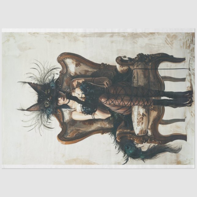 Schwarze Katzenfrau in Schwarz und Pfauendecoupage Seidenpapier (Vorderseite)