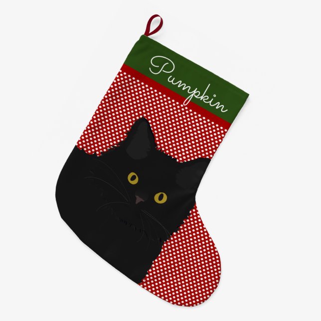 Schwarze Katzengelbe Augen Personalisiert Großer Weihnachtsstrumpf (Vorderansicht (hängend))