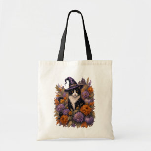 Schwarze Katzenhexe Halloween Blumen-Tragetasche Tragetasche