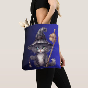 Schwarze Katzenhexenhut Besen Blau Ombre Halloween Tasche
