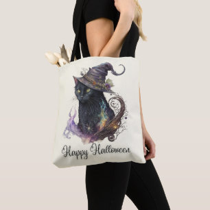 Schwarze Katzenhexenhut Gelb Frohes Halloween Tasche