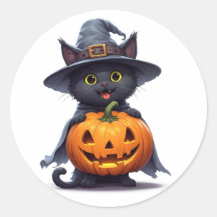 Schwarze Katzenhexenhut-Kürbis-Halloween-Dekoratio Runder Aufkleber