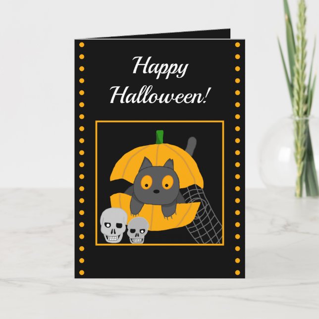 Schwarze Katzenkürbis Skulls Kids Halloween Karte (Vorderseite)