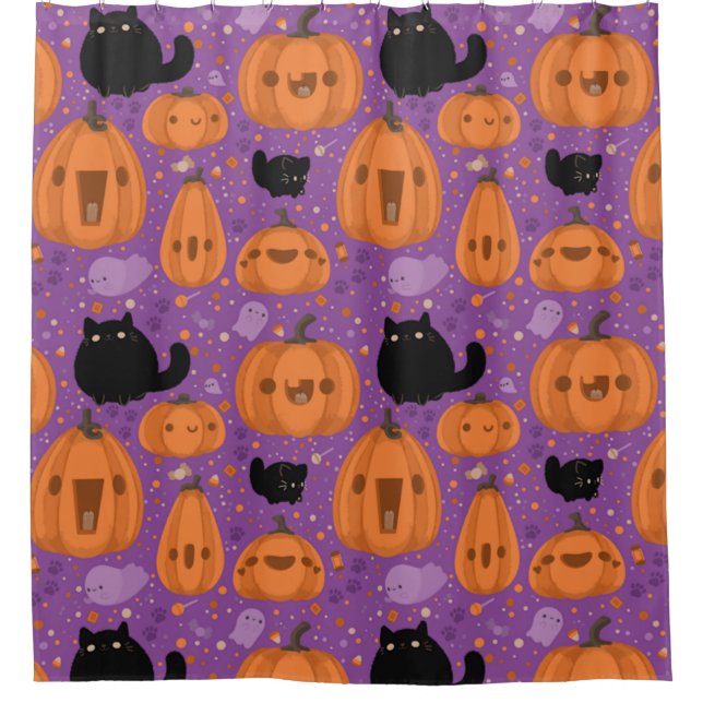 Schwarze Katzenkürbis und Ghost-Muster Duschvorhang (Vorderseite)