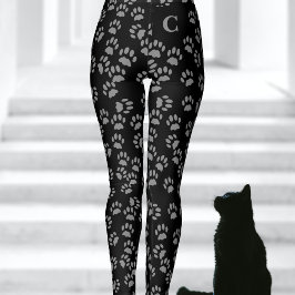 Schwarze Katzenpaw druckt Muster Mit Monogramm Leg Leggings