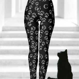 Schwarze Katzenpaw druckt Muster Mit Monogramm Leg Leggings