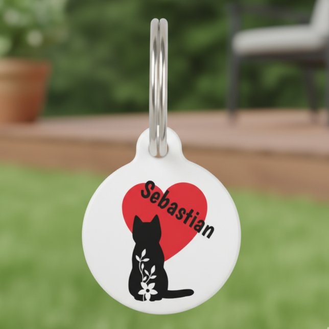 Schwarze Katzensilhouette Herz Blumen Tiereltern Haustiermarke (Cat ID tag)