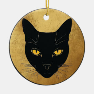 Schwarze Katzensilhouette vor einem goldenen Kreis Keramik Ornament