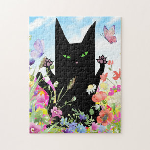 Schwarze Katzenspringeritis: Kitty und Blumen