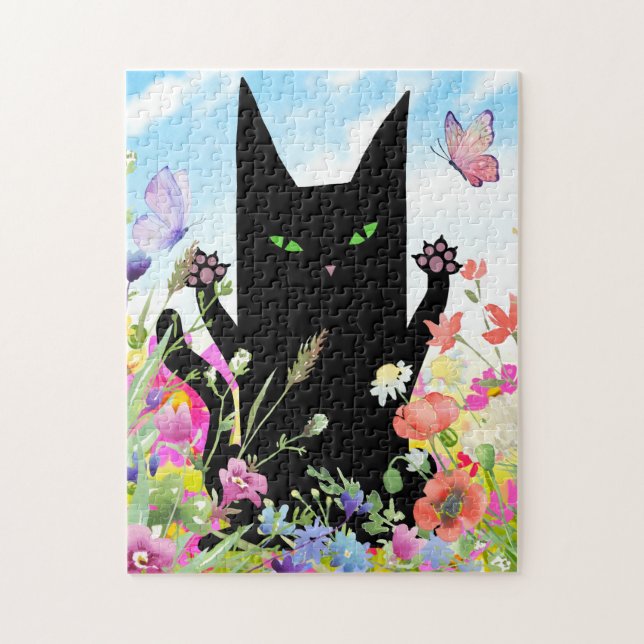Schwarze Katzenspringeritis: Kitty und Blumen (Vertikal)