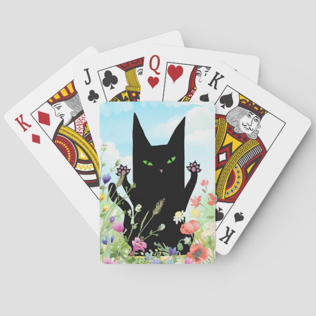 Schwarze Katzenspringeritis: Kitty und Blumen Spielkarten (Rückseite)