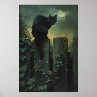 Schwarze Katzenwandkunst, Mondbeglänzte Garten-Got Poster