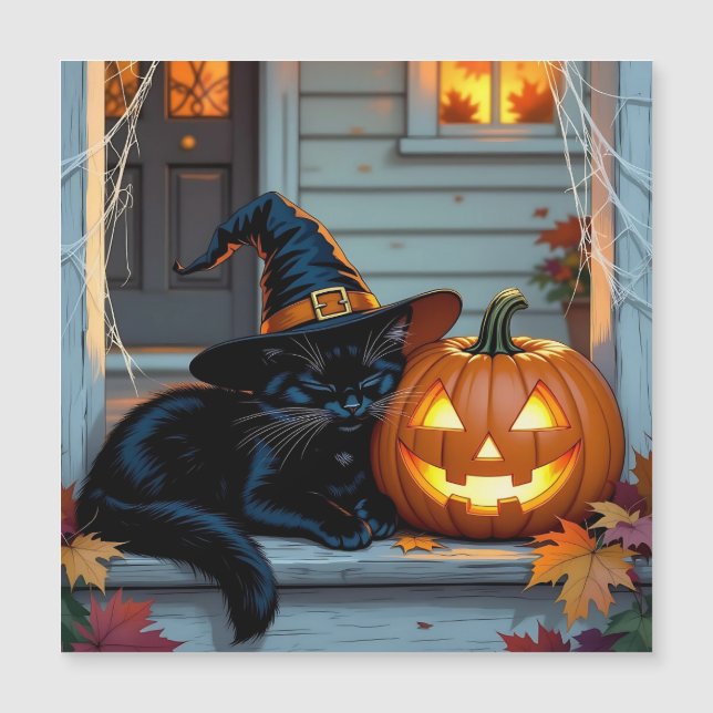 Schwarze Katzenzucht auf KürbisHalloween Magnetkarte (Vorderseite)