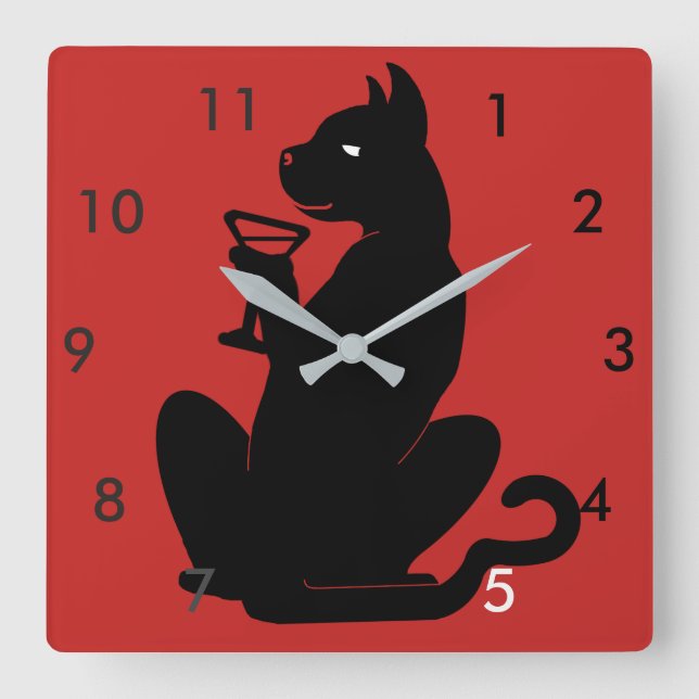 SCHWARZE KATZKOPFZEIT DURCH SCHALTFLÄCHE QUADRATISCHE WANDUHR (Vorderseite)