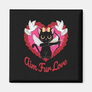 Schwarze Kawaii-Katze Cupid mit Herz und Rose ziel Magnet