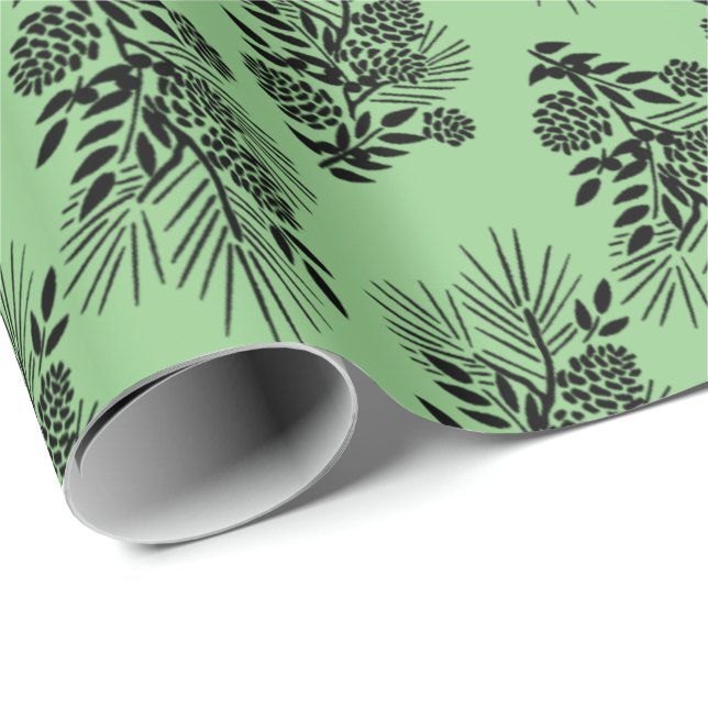 Schwarze Kiefern-Ast-Kegel und Beeren Ihre Farbe Geschenkpapier (Rolleneckpunkt)