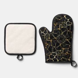 Schwarze Kintsugi-Goldader  Ofenhandschuh & Topflappen-Set