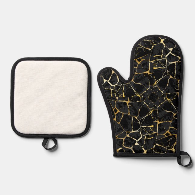 Schwarze Kintsugi-Goldader  Ofenhandschuh & Topflappen-Set (Vorderseite)