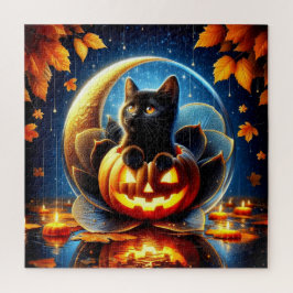 Schwarze Kitten, Herbstblätter, Mond und Kürbiskin