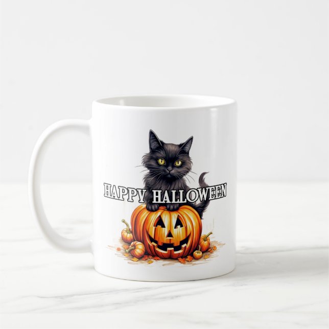 Schwarze Kitty Katze | Frohes Halloween Kaffeetasse (Links)