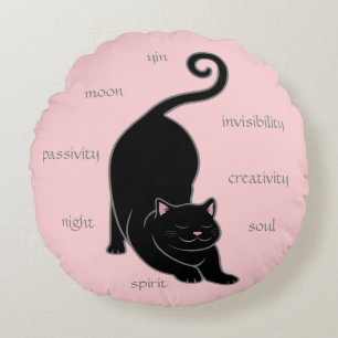 Schwarze Kitty Katze Yoga & editierbarer Text auf Rundes Kissen