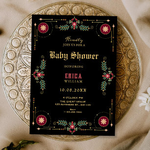 Schwarze klassische Blumen-Babyparty Einladung